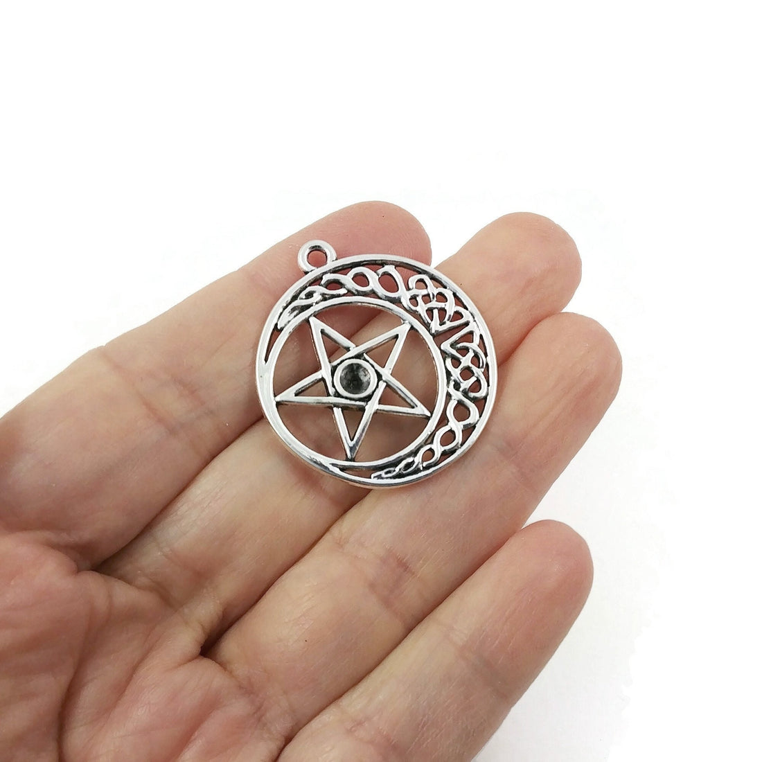 5 Celtic knot pentagram charms, Rhinestone setting, Antique silver metal pendants, Jewelry making supplies