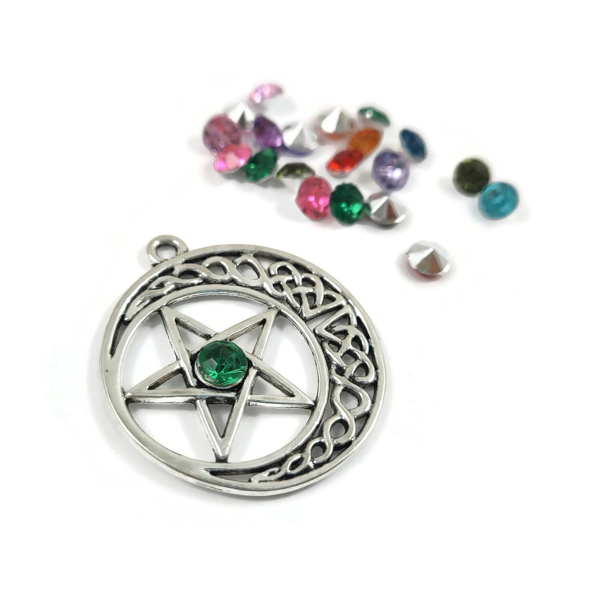 5 Celtic knot pentagram charms, Rhinestone setting, Antique silver metal pendants, Jewelry making supplies