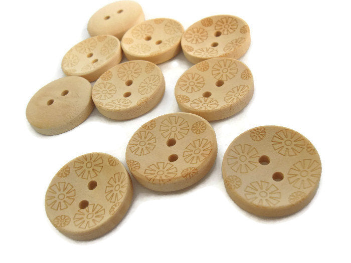 Wooden button - Flower Pattern Unfinished Wood Sewing Buttons Natural Color 20mm - set of 12