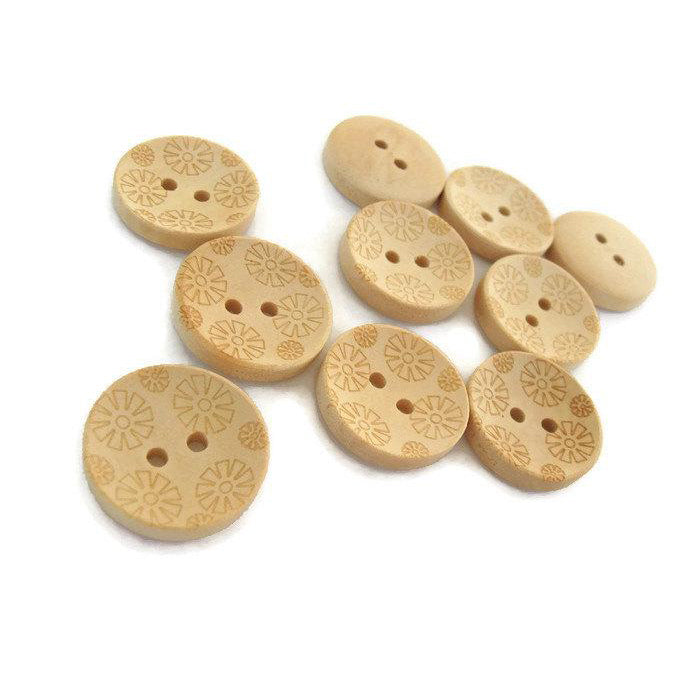 Bouton de bois avec motif de fleurs - bouton en bois naturel de 20mm - ensemble de 12