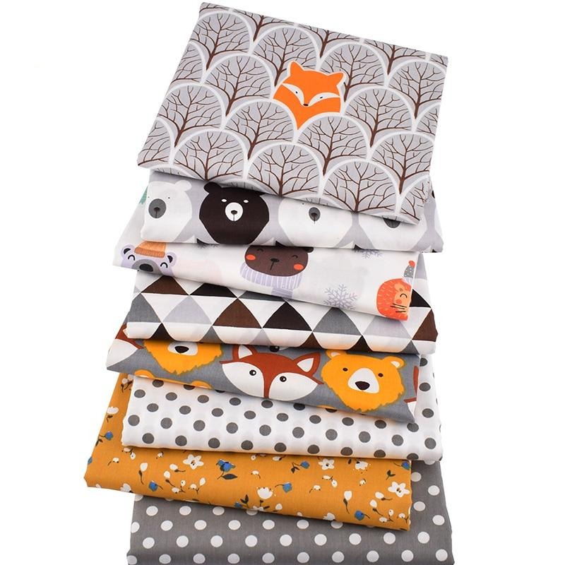 8pcs Printed Twill Cotton Fabric - Fox and Bear Patterns