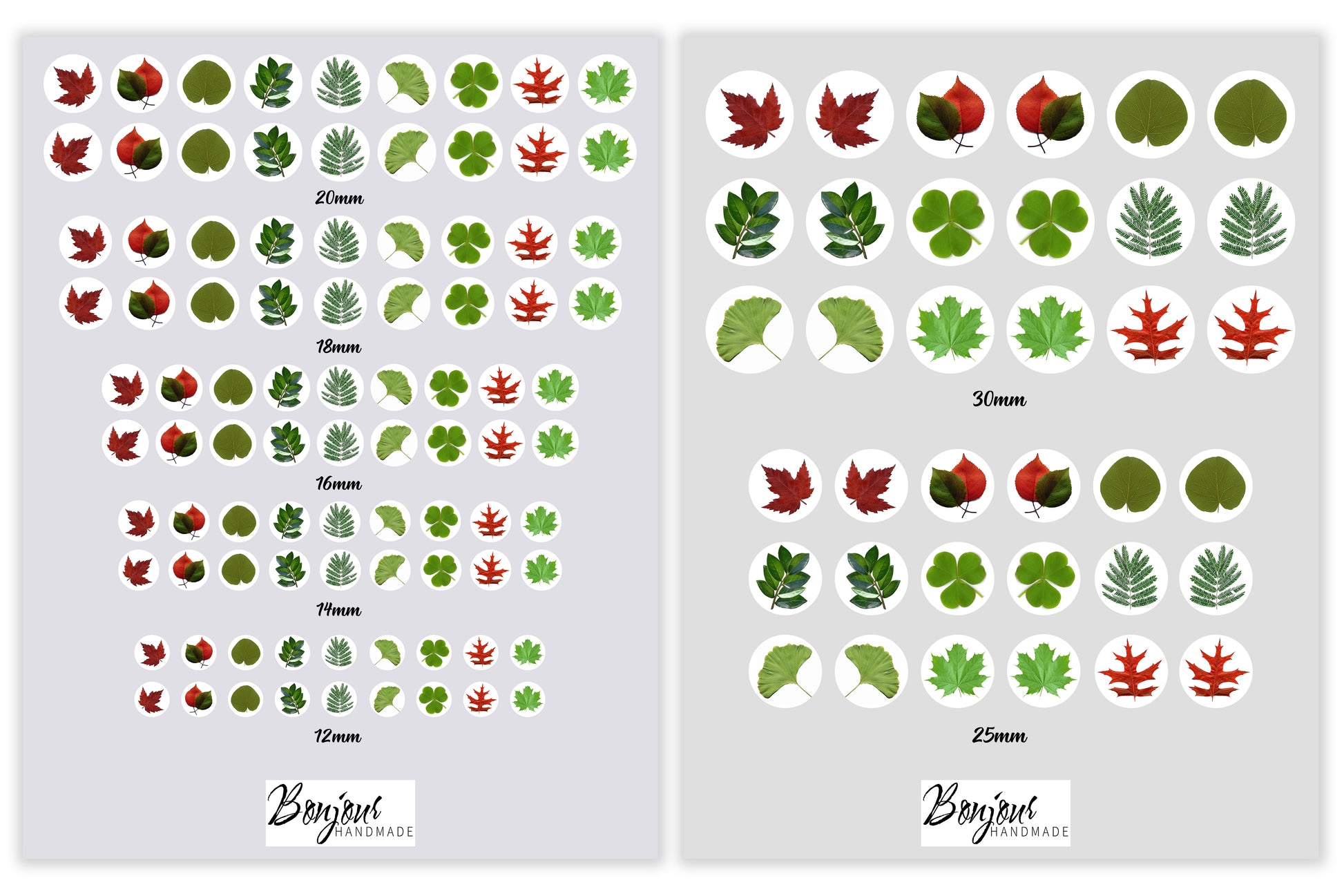 Images digitales cabochon - Feuilles - Cabochon rond à imprimer en 7 grandeurs